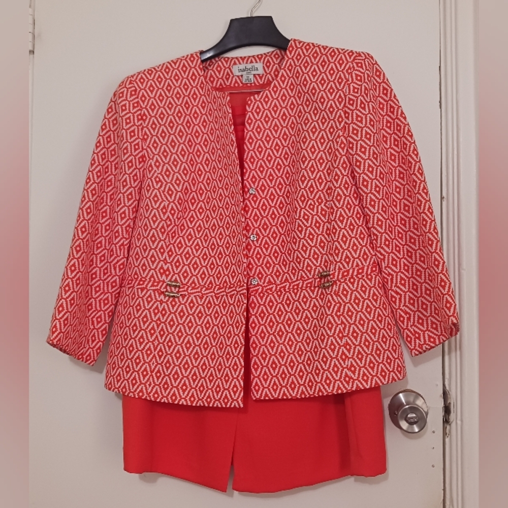 Isabella women's orange and white geometric pattern blazer and skirt set